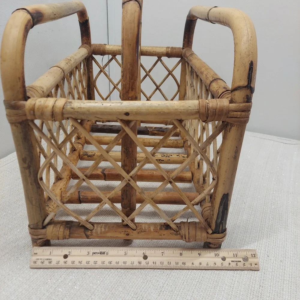 Vintage Bamboo Magazine Rack Rattan Book Caddy Boho MCM Storage Basket Handle